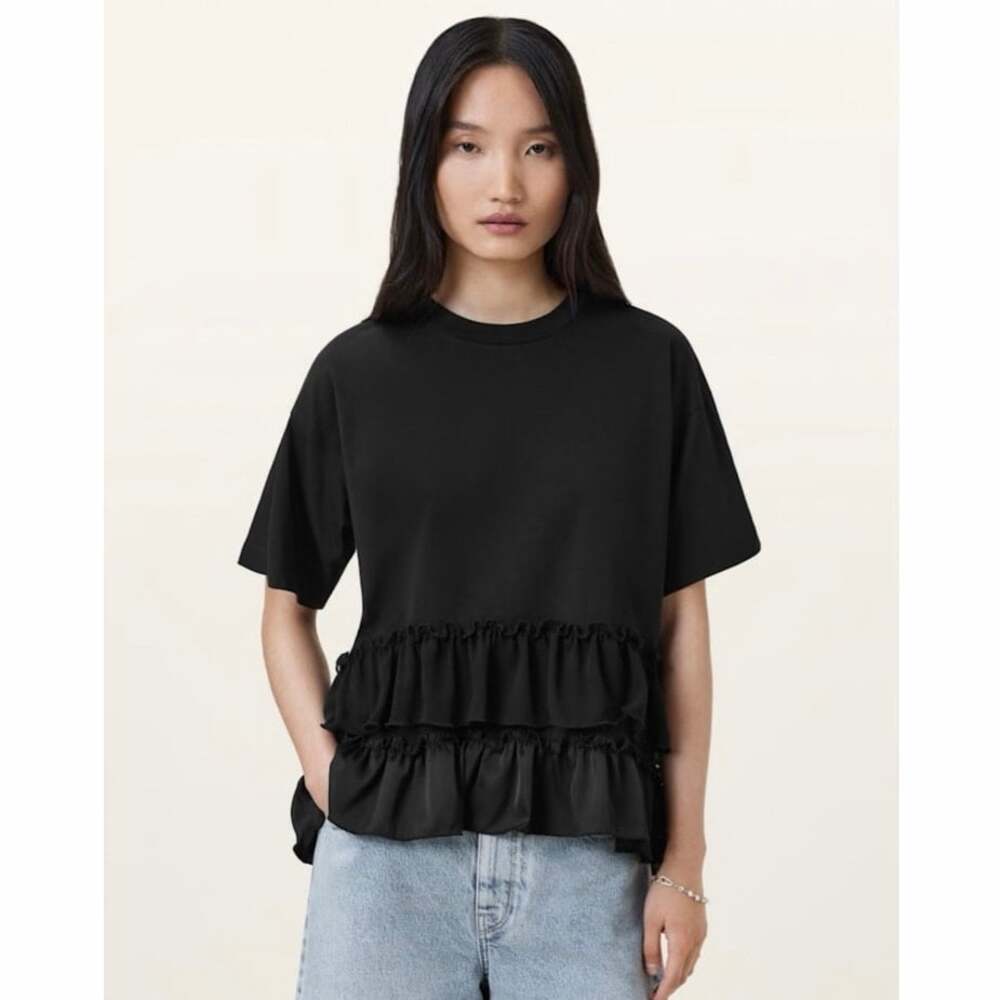 AllSaints Feyre Relaxed Fit T-Shirt Women M Black Ruffle Tiered Organic Cotton